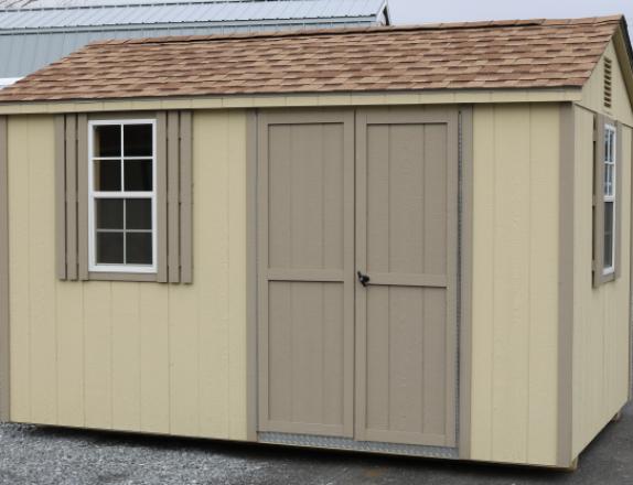 Pine Creek 8x12 HD Peak with Beige walls, PC Clay trim and PC Clay shutters, and Shakewood shingles