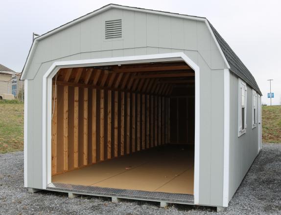 Pine Creek 12x28 Dutch Garage with Light Gray walls, White trim and White shutters, and Charcoal shingles