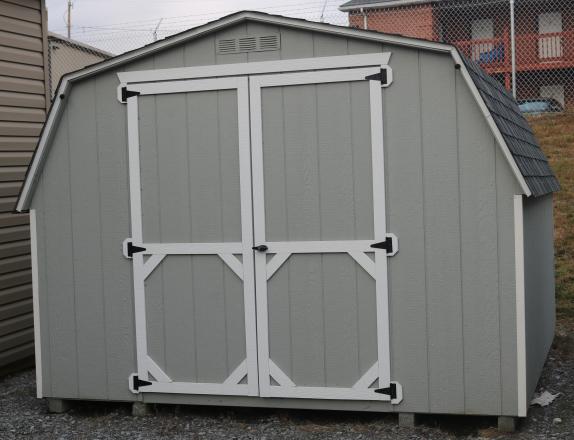 Pine Creek 10x10 Madison Mini Barn with Light Gray walls, White trim and, Oyster Gray shingles